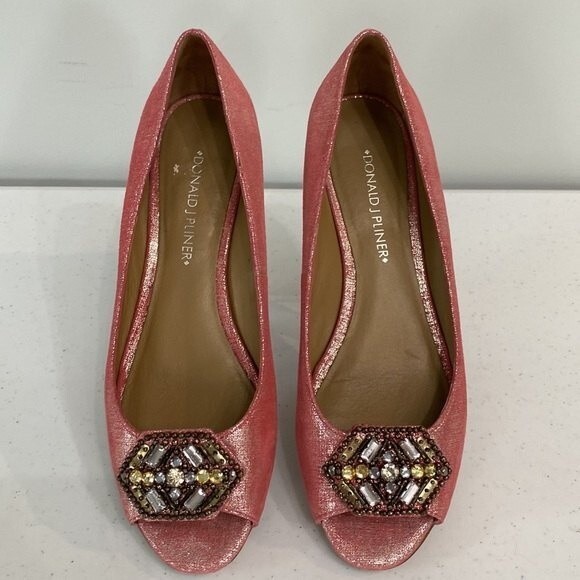 Donald J Pliner Pink Sonnet Demi-Wedge Flats Jeweled Peep Toe Shimmer Barbiecore - Picture 2 of 16